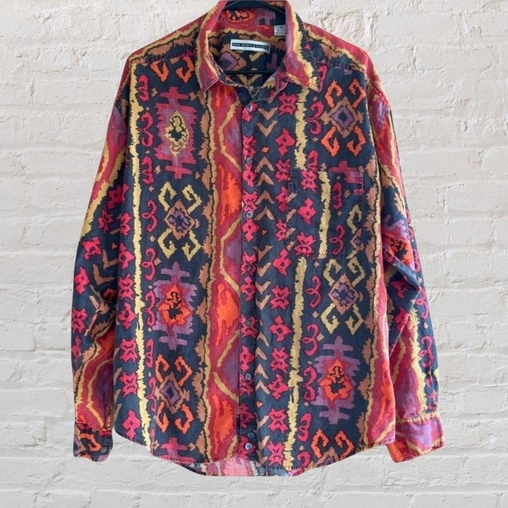 Vintage 80’s Fenn Wright & Mansons Aztec Retro Linen Button Up Shirt Size 2